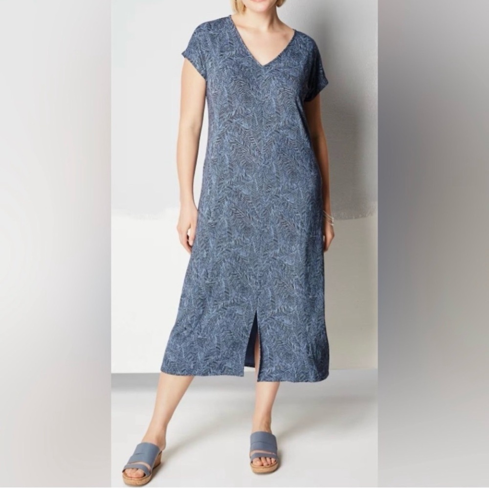 J Jill Blue Heron Palm Dress Size Medium Petite Vacation Coastal Loungewear